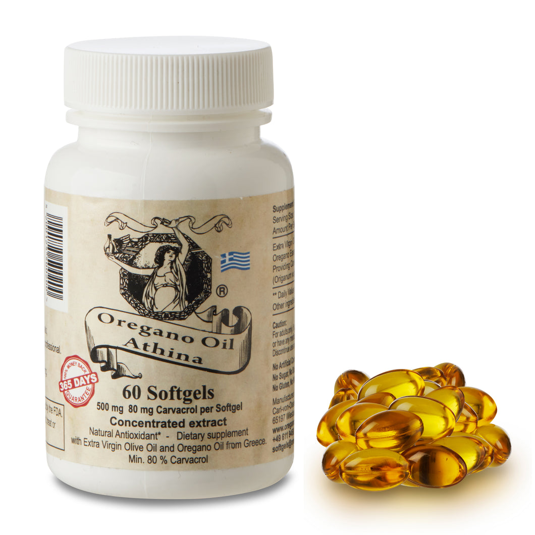 Athina Oregano Oil Softgel Forte 500 mg, 80 mg Carvacrol min per Softgel