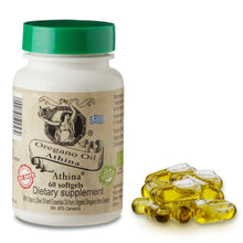 Load image into Gallery viewer, Athina Pure Wild Oregano Oil Capsules Vegan Greek - Natural Remedy for Gut Health &amp; Infections with 80mg Natural Carvacrol, 100mg Essential Oregano Oil &amp; 400mg Extra Virgin Olive Oil - 60 Capsules
