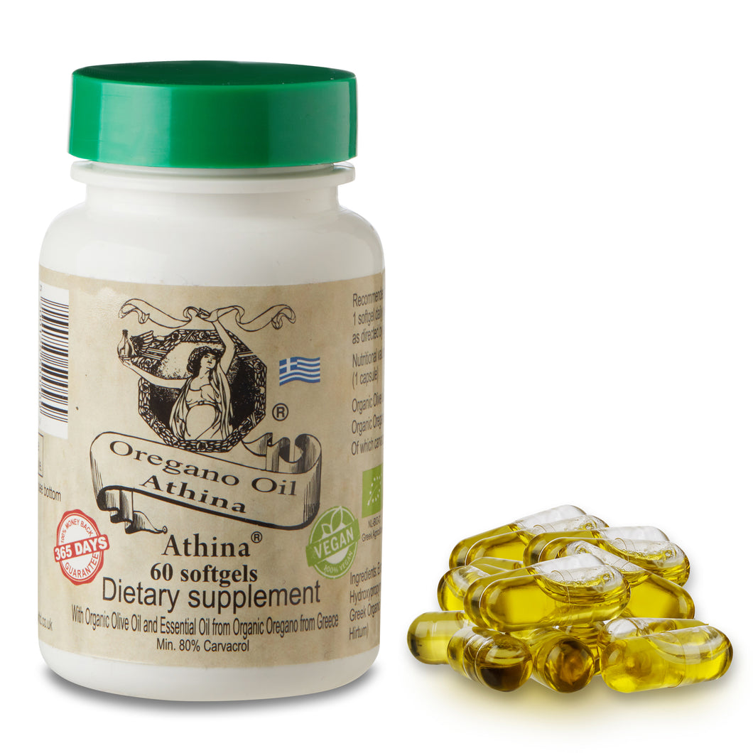 Athina Pure Wild Oregano Oil Capsules Vegan Greek - Natural Remedy for Gut Health & Infections with 80mg Natural Carvacrol, 100mg Essential Oregano Oil & 400mg Extra Virgin Olive Oil - 60 Capsules